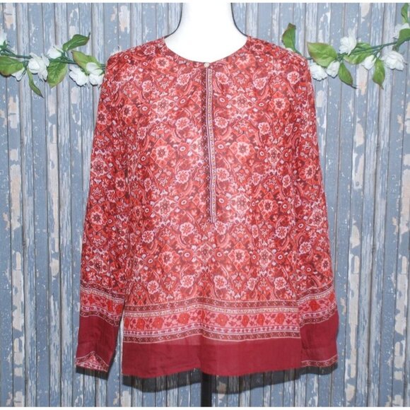 NICE Ann Taylor LOFT The Softened Red Tunic Top Size XS Floral Half Button Up - Picture 1 of 9
